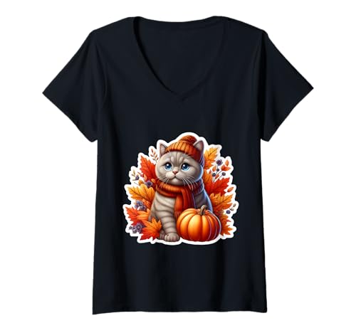 Damen Herbst Herbst Britisch Kurzhaar Katzenbesitzer Thanksgiving Mama Papa T-Shirt mit V-Ausschnitt von Autumn Fall British Shorthair Cat Owner Products