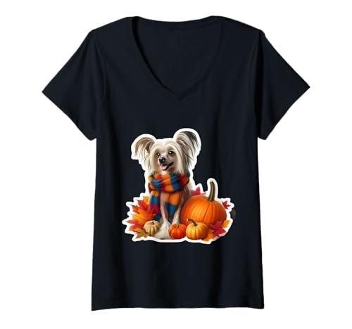 Damen Herbst Herbst Chinesischer Schopfhund Besitzer Liebhaber Kürbis Vintage T-Shirt mit V-Ausschnitt Damen Herbst Herbst Chinesischer Schopfhund Besitzer Liebhaber Kürbis Vintage T-Shirt mit V-Ausschnitt von Autumn Fall Chinese Crested Dog Owner Products
