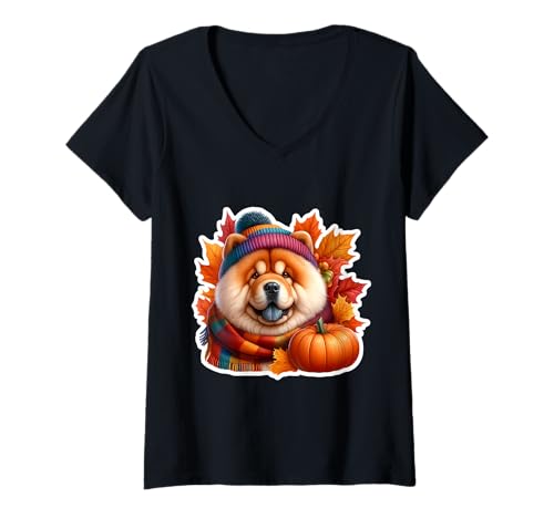 Damen Herbst Herbst Chow Chow Hundebesitzer Liebhaber Kürbisblätter Vintage T-Shirt mit V-Ausschnitt Damen Herbst Herbst Chow Chow Hundebesitzer Liebhaber Kürbisblätter Vintage T-Shirt mit V-Ausschnitt von Autumn Fall Chow Chow Dog Owner Products
