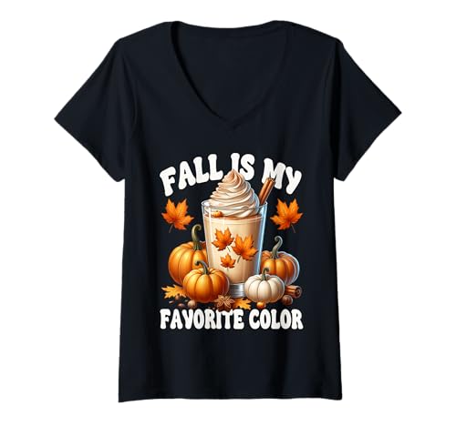 Damen Fall is My Favorite Color Graphic for Pumpkin Spice Season T-Shirt mit V-Ausschnitt von Autumn Fall Coffee Pumpkin Spice Gifts For Women
