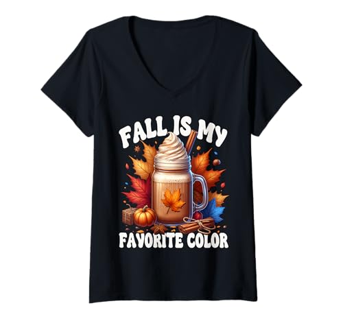 Damen Pumpkin Spice Hot Cocoa Mug Women Fall is My Favorite Color T-Shirt mit V-Ausschnitt von Autumn Fall Coffee Pumpkin Spice Gifts For Women