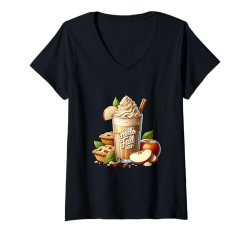 Damen Pumpkin Spice Latte and Apple Pie Decor for Women Hello Fall T-Shirt mit V-Ausschnitt von Autumn Fall Coffee Pumpkin Spice Gifts For Women