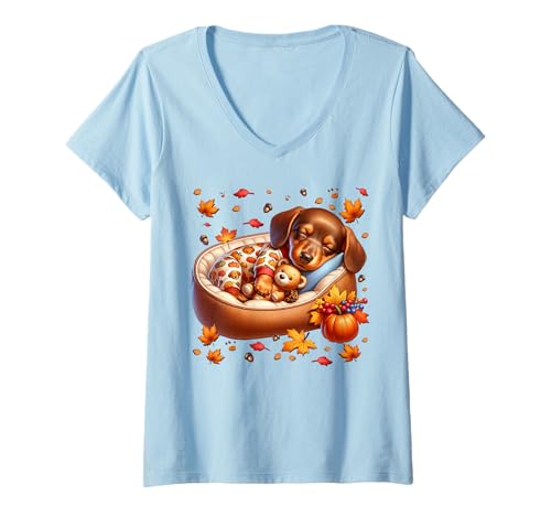 Damen Sausage Dog Graphic Doxie Mom Autumn Vibes Fall Dachshund T-Shirt mit V-Ausschnitt von Autumn Fall Dachshund Gifts For Dachshund Lovers