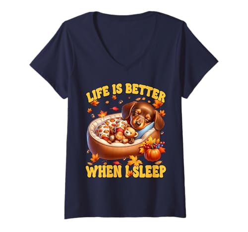 Damen Sleeping Dog for Women Autumn Fall Dachshund for Doxie Mom T-Shirt mit V-Ausschnitt von Autumn Fall Dachshund Gifts For Dachshund Lovers