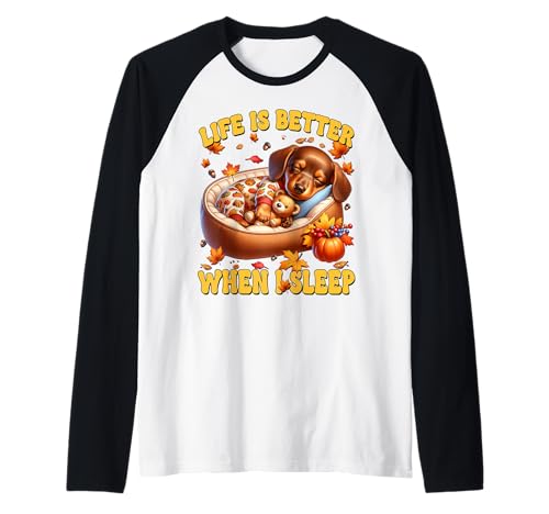 Sleeping Dog for Women Autumn Fall Dachshund for Doxie Mom Raglan von Autumn Fall Dachshund Gifts For Dachshund Lovers