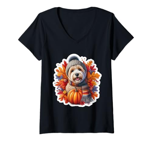Damen Herbst Herbst Dandie Dinmont Terrier Hundebesitzer Thanksgiving T-Shirt mit V-Ausschnitt von Autumn Fall Dandie Dinmont Terrier Owner Products