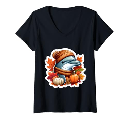 Damen Herbst-Delfin-Liebhaber, Erntedankfest, Kürbisblätter, niedlich T-Shirt mit V-Ausschnitt Damen Herbst-Delfin-Liebhaber, Erntedankfest, Kürbisblätter, niedlich T-Shirt mit V-Ausschnitt von Autumn Fall Dolphin Products