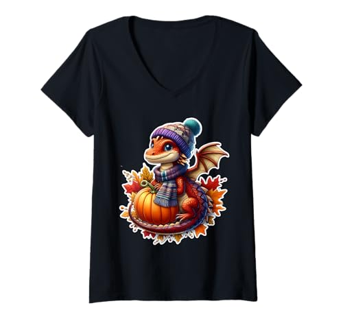 Damen Herbst Herbst Drachenliebhaber Thanksgiving Kürbis Blätter niedlich T-Shirt mit V-Ausschnitt Damen Herbst Herbst Drachenliebhaber Thanksgiving Kürbis Blätter niedlich T-Shirt mit V-Ausschnitt von Autumn Fall Dragon Products
