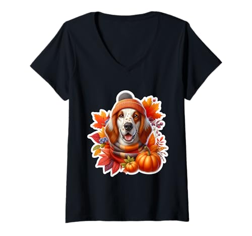 Damen Herbst Herbst Englisch Setter Hund Besitzer Liebhaber Kürbis Vintage T-Shirt mit V-Ausschnitt von Autumn Fall English Setter Dog Owner Products