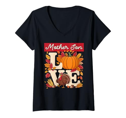 Damen Mutter Sohn Thanksgiving Kürbis Familie Partnerlook T-Shirt mit V-Ausschnitt Damen Mutter Sohn Thanksgiving Kürbis Familie Partnerlook T-Shirt mit V-Ausschnitt von Autumn Fall Family Matching Apparel