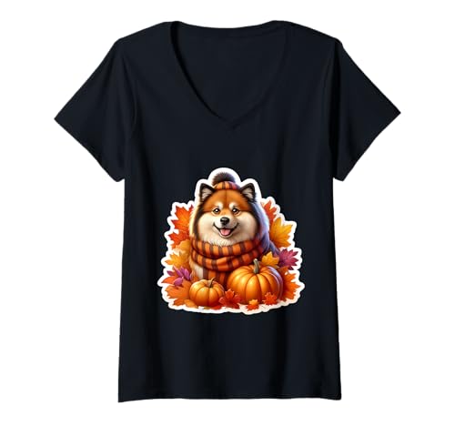 Damen Herbst Herbst Finnischer Lapphund Hundebesitzer Thanksgiving Mama Papa T-Shirt mit V-Ausschnitt von Autumn Fall Finnish Lapphund Dog Owner Products