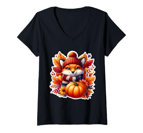 Damen Herbst Herbst Fuchs Liebhaber Thanksgiving Kürbis Blätter niedlich T-Shirt mit V-Ausschnitt Damen Herbst Herbst Fuchs Liebhaber Thanksgiving Kürbis Blätter niedlich T-Shirt mit V-Ausschnitt von Autumn Fall Fox Products