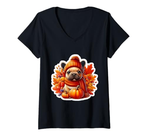 Damen Herbst Herbst Französische Bulldogge Hundebesitzer Liebhaber Kürbis Vintage T-Shirt mit V-Ausschnitt Damen Herbst Herbst Französische Bulldogge Hundebesitzer Liebhaber Kürbis Vintage T-Shirt mit V-Ausschnitt von Autumn Fall French Bulldog Dog Owner Products