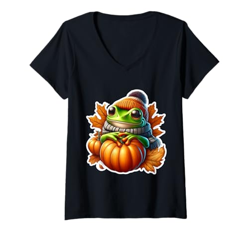 Damen Herbst Herbst Frosch Liebhaber Thanksgiving Kürbis Blätter niedlich T-Shirt mit V-Ausschnitt Damen Herbst Herbst Frosch Liebhaber Thanksgiving Kürbis Blätter niedlich T-Shirt mit V-Ausschnitt von Autumn Fall Frog Products