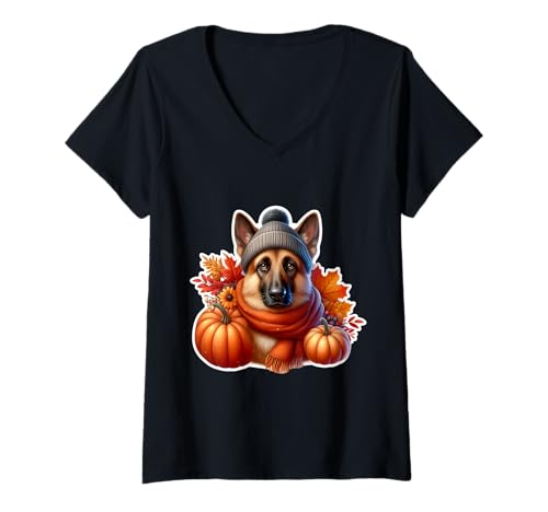 Damen Herbst Herbst Deutscher Schäferhund Hundebesitzer Liebhaber Kürbis Vintage T-Shirt mit V-Ausschnitt Damen Herbst Herbst Deutscher Schäferhund Hundebesitzer Liebhaber Kürbis Vintage T-Shirt mit V-Ausschnitt von Autumn Fall German Shepherd Dog Owner Products