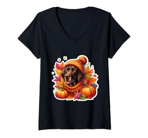 Damen Herbst Herbst Deutsch Kurzhaar Hund Kürbisblätter T-Shirt mit V-Ausschnitt von Autumn Fall German Shorthaired Pointer Products