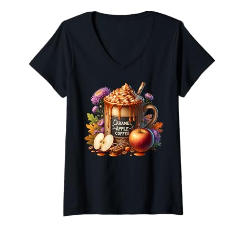 Damen Autumn Coffee Graphic for Women Caramel Apple Coffee Mug T-Shirt mit V-Ausschnitt Damen Autumn Coffee Graphic for Women Caramel Apple Coffee Mug T-Shirt mit V-Ausschnitt von Autumn Fall Gifts For Women And Fall Drinking Mugs