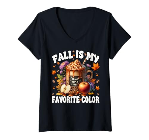 Damen Caramel Apple Coffee Mug Graphic Fall is My Favorite Color T-Shirt mit V-Ausschnitt Damen Caramel Apple Coffee Mug Graphic Fall is My Favorite Color T-Shirt mit V-Ausschnitt von Autumn Fall Gifts For Women And Fall Drinking Mugs