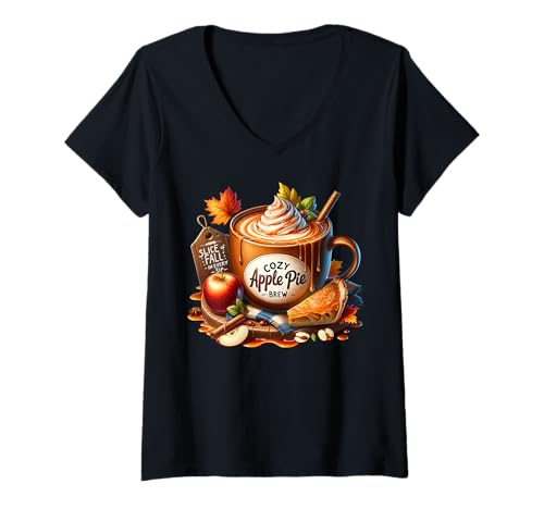 Damen Cozy Autumn Stuff with Apple Pie Coffee Mug for Fall Teacher T-Shirt mit V-Ausschnitt Damen Cozy Autumn Stuff with Apple Pie Coffee Mug for Fall Teacher T-Shirt mit V-Ausschnitt von Autumn Fall Gifts For Women And Fall Drinking Mugs