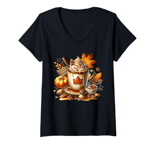 Damen Cute Fall Drinking Mugs for Autumn Women Maple Pecan Coffee T-Shirt mit V-Ausschnitt Damen Cute Fall Drinking Mugs for Autumn Women Maple Pecan Coffee T-Shirt mit V-Ausschnitt von Autumn Fall Gifts For Women And Fall Drinking Mugs
