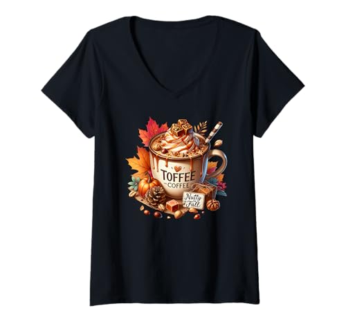 Damen Cute Fall Must Haves for Coffee Mom with Autumn Coffee Mug T-Shirt mit V-Ausschnitt Damen Cute Fall Must Haves for Coffee Mom with Autumn Coffee Mug T-Shirt mit V-Ausschnitt von Autumn Fall Gifts For Women And Fall Drinking Mugs
