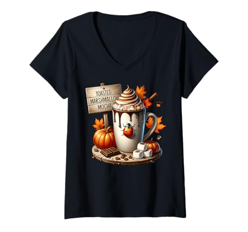 Damen Marshmallow Mocha Coffee Mug with Ladybug for Autumn Fall T-Shirt mit V-Ausschnitt von Autumn Fall Gifts For Women And Fall Drinking Mugs