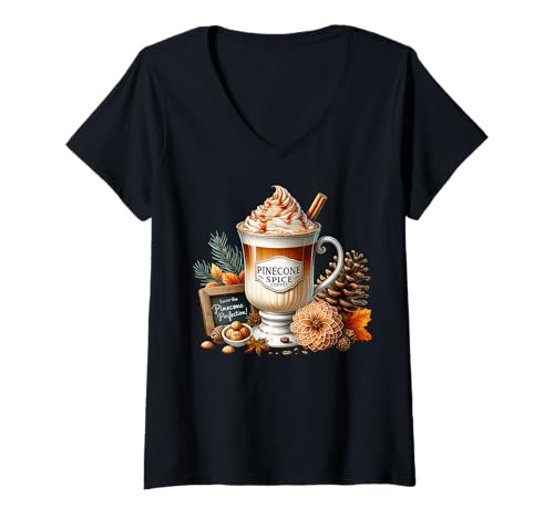 Damen Pinecone Spice Coffee Fall Drinking Glasses for Coffee Lover T-Shirt mit V-Ausschnitt Damen Pinecone Spice Coffee Fall Drinking Glasses for Coffee Lover T-Shirt mit V-Ausschnitt von Autumn Fall Gifts For Women And Fall Drinking Mugs