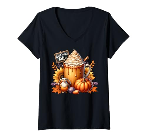 Damen Sweet Potato Latte Graphic Thanksgiving Coffee Mugs for Fall T-Shirt mit V-Ausschnitt Damen Sweet Potato Latte Graphic Thanksgiving Coffee Mugs for Fall T-Shirt mit V-Ausschnitt von Autumn Fall Gifts For Women And Fall Drinking Mugs