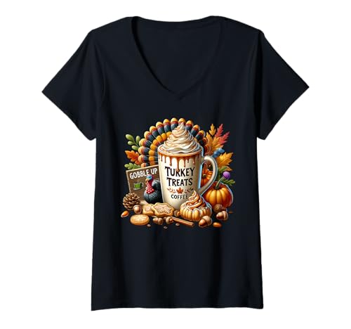 Damen Thanksgiving Turkey Coffee Mug for Pumpkin Spice Season T-Shirt mit V-Ausschnitt Damen Thanksgiving Turkey Coffee Mug for Pumpkin Spice Season T-Shirt mit V-Ausschnitt von Autumn Fall Gifts For Women And Fall Drinking Mugs