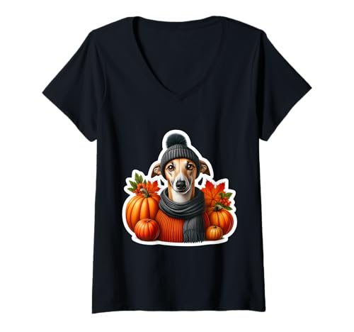 Damen Herbst Herbst Windhund Hundebesitzer Liebhaber Kürbisblätter Vintage T-Shirt mit V-Ausschnitt von Autumn Fall Greyhound Dog Owner Products