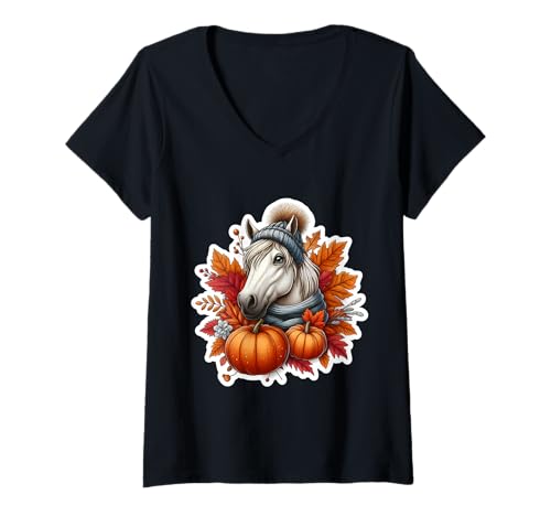 Damen Herbst Herbst Pferdeliebhaber Thanksgiving Kürbis Blätter niedlich T-Shirt mit V-Ausschnitt von Autumn Fall Horse Products