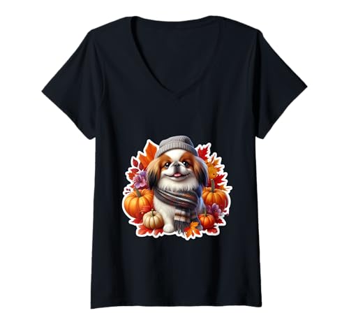 Damen Herbst Herbst Japanischer Kinn Hund Besitzer Liebhaber Kürbis Vintage T-Shirt mit V-Ausschnitt Damen Herbst Herbst Japanischer Kinn Hund Besitzer Liebhaber Kürbis Vintage T-Shirt mit V-Ausschnitt von Autumn Fall Japanese Chin Dog Owner Products