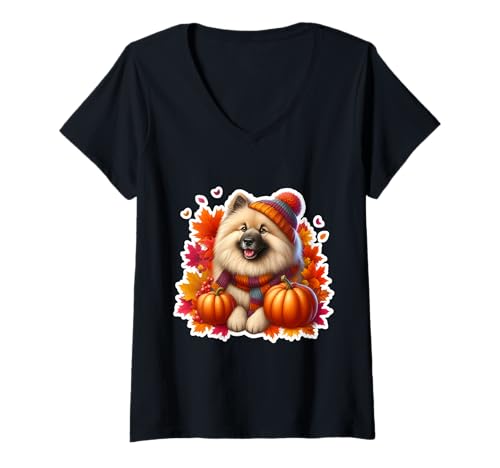 Damen Herbst Herbst Keeshond Hundebesitzer Liebhaber Kürbisblätter Vintage T-Shirt mit V-Ausschnitt Damen Herbst Herbst Keeshond Hundebesitzer Liebhaber Kürbisblätter Vintage T-Shirt mit V-Ausschnitt von Autumn Fall Keeshond Dog Owner Products