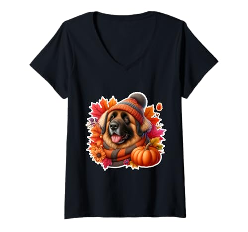 Damen Herbst Leonberger Hundebesitzer Liebhaber Kürbis Vintage niedlich T-Shirt mit V-Ausschnitt Damen Herbst Leonberger Hundebesitzer Liebhaber Kürbis Vintage niedlich T-Shirt mit V-Ausschnitt von Autumn Fall Leonberger Dog Owner Products