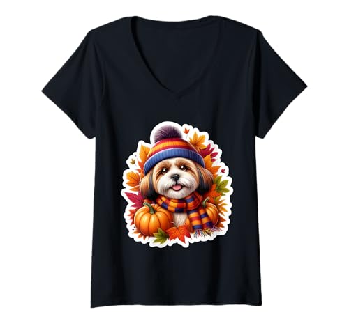Damen Herbst Lhasa Apso Hundebesitzer Liebhaber Kürbis Vintage niedlich T-Shirt mit V-Ausschnitt Damen Herbst Lhasa Apso Hundebesitzer Liebhaber Kürbis Vintage niedlich T-Shirt mit V-Ausschnitt von Autumn Fall Lhasa Apso Dog Owner Products