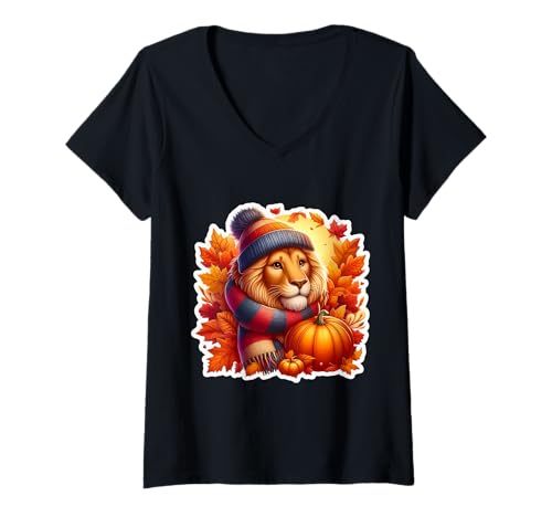 Damen Herbst Herbst Löwe Liebhaber Thanksgiving Löwe Löwe Kürbis Blätter niedlich T-Shirt mit V-Ausschnitt Damen Herbst Herbst Löwe Liebhaber Thanksgiving Löwe Löwe Kürbis Blätter niedlich T-Shirt mit V-Ausschnitt von Autumn Fall Lion Products