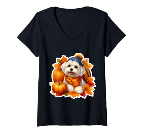 Damen Herbst Herbst Malteser Hundebesitzer Liebhaber Kürbisblätter Vintage T-Shirt mit V-Ausschnitt Damen Herbst Herbst Malteser Hundebesitzer Liebhaber Kürbisblätter Vintage T-Shirt mit V-Ausschnitt von Autumn Fall Maltese Dog Owner Products