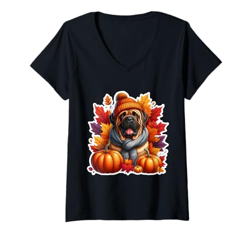 Damen Herbst Herbst Mastiff Hundebesitzer Liebhaber Kürbisblätter Vintage T-Shirt mit V-Ausschnitt Damen Herbst Herbst Mastiff Hundebesitzer Liebhaber Kürbisblätter Vintage T-Shirt mit V-Ausschnitt von Autumn Fall Mastiff Dog Owner Products