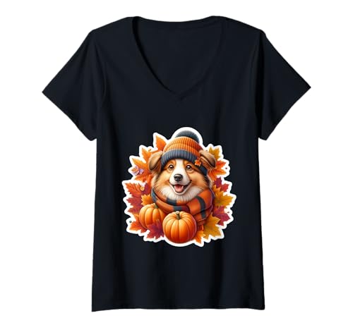 Damen Herbst Herbst Miniatur American Shepherd Dog Kürbisbesitzer T-Shirt mit V-Ausschnitt Damen Herbst Herbst Miniatur American Shepherd Dog Kürbisbesitzer T-Shirt mit V-Ausschnitt von Autumn Fall Miniature American Shepherd Products