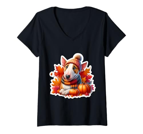 Damen Herbst Herbst Miniatur Bullterrier Hund Besitzer Liebhaber Vintage T-Shirt mit V-Ausschnitt Damen Herbst Herbst Miniatur Bullterrier Hund Besitzer Liebhaber Vintage T-Shirt mit V-Ausschnitt von Autumn Fall Miniature Bull Terrier Owner Products