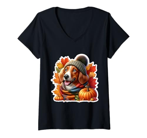 Damen Herbst Herbst Nederlandse Kooikerhondje Hundebesitzer Thanksgiving T-Shirt mit V-Ausschnitt von Autumn Fall Nederlandse Kooikerhondje Dog Products