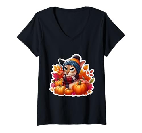 Damen Herbst Herbst Orientalisch Kurzhaar Katzenbesitzer Thanksgiving Cozy T-Shirt mit V-Ausschnitt von Autumn Fall Oriental Shorthair Cat Owner Products