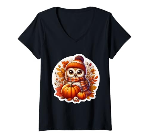 Damen Herbst Herbst Eule Vogelliebhaber Thanksgiving Kürbis Blätter niedlich T-Shirt mit V-Ausschnitt Damen Herbst Herbst Eule Vogelliebhaber Thanksgiving Kürbis Blätter niedlich T-Shirt mit V-Ausschnitt von Autumn Fall Owl Bird Products