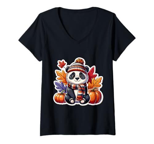 Damen Herbst Herbst Panda Liebhaber Thanksgiving Kürbis Blätter niedlich T-Shirt mit V-Ausschnitt Damen Herbst Herbst Panda Liebhaber Thanksgiving Kürbis Blätter niedlich T-Shirt mit V-Ausschnitt von Autumn Fall Panda Products