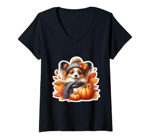 Damen Herbst Herbst Papillon Hundebesitzer Liebhaber Kürbisblätter Vintage T-Shirt mit V-Ausschnitt Damen Herbst Herbst Papillon Hundebesitzer Liebhaber Kürbisblätter Vintage T-Shirt mit V-Ausschnitt von Autumn Fall Papillon Dog Owner Products