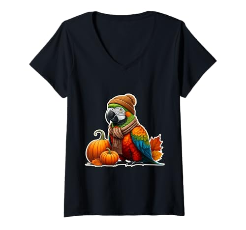 Damen Herbst Herbst Papagei Vogel Besitzer Haustier Liebhaber Thanksgiving Kürbis T-Shirt mit V-Ausschnitt von Autumn Fall Parrot Bird Products