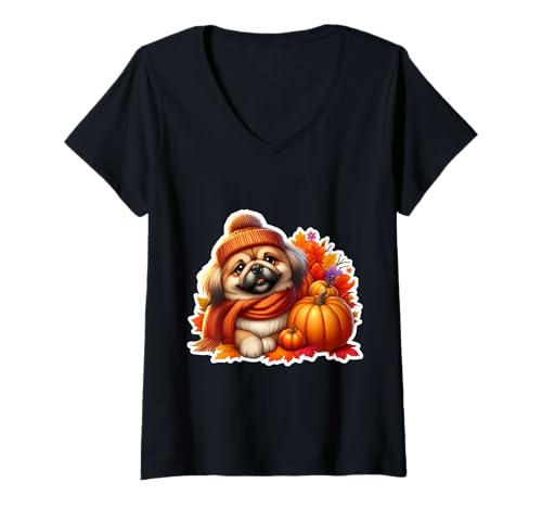 Damen Herbst Herbst Pekinese Hundebesitzer Liebhaber Kürbisblätter Vintage T-Shirt mit V-Ausschnitt Damen Herbst Herbst Pekinese Hundebesitzer Liebhaber Kürbisblätter Vintage T-Shirt mit V-Ausschnitt von Autumn Fall Pekingese Dog Owner Products