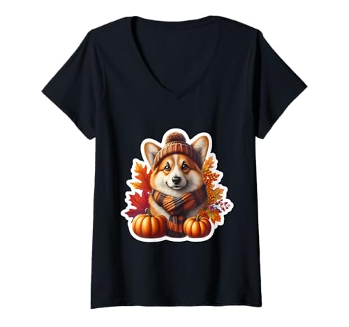 Damen Herbst Herbst Pembroke Welsh Corgi Hund Kürbisblätter Besitzer T-Shirt mit V-Ausschnitt von Autumn Fall Pembroke Welsh Corgi Owner Products
