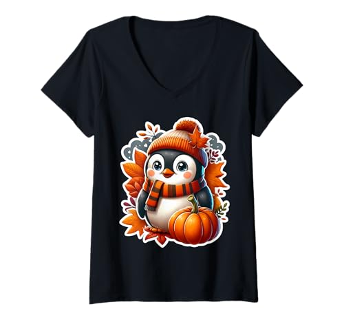 Damen Herbst Herbst Pinguin Liebhaber Thanksgiving Kürbis Blätter niedlich T-Shirt mit V-Ausschnitt Damen Herbst Herbst Pinguin Liebhaber Thanksgiving Kürbis Blätter niedlich T-Shirt mit V-Ausschnitt von Autumn Fall Penguin Products