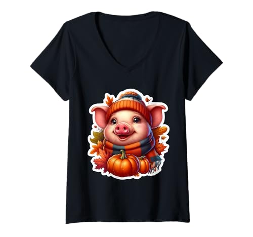 Damen Herbst Herbst Schwein Besitzer Liebhaber Thanksgiving Farmer Landwirtschaft niedlich T-Shirt mit V-Ausschnitt von Autumn Fall Pig Products
